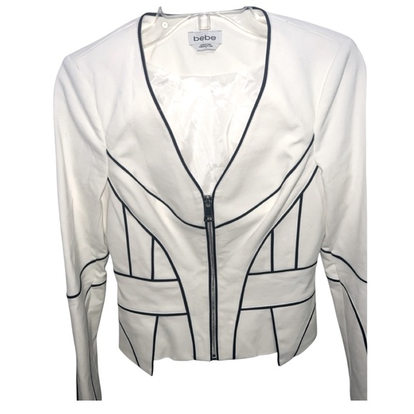Bebe Y2K Blazer suit Jacket Sz 6 White W/ Black Piping Front Zip Lined Fashion M - Picture 3 of 6